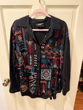 Johnny Was Black Embroidered Shirt with Multicolor Accents